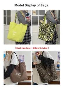 Detail view of large reversible tote bag in neon green with leopard print canvas texture