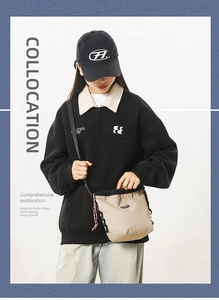 Fashionable beige plaid drawstring crossbody bag styled with casual sporty apparel