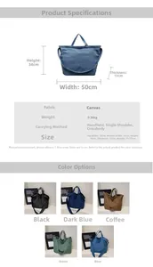 Detailed size specifications and color options for large canvas tote bags in five colors