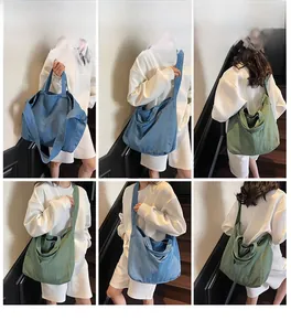 Detailed multi-angle views of large capacity denim tote bag in blue and olive green colors