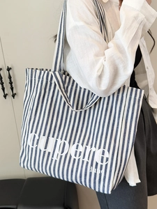 Minimalist blue striped canvas tote bag with letter print for women casual daily use