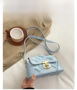 Detail of 3D embroidered butterfly appliques on light blue lace crossbody bag