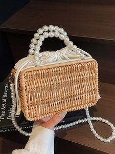 French Style Sweet Woven Handbag Straw Artificial Pearl Handle Crossbody Bag Elegant Summer Vacation Beach Box Bag For Women