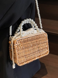French style woven straw bag with pearl handles and long shoulder strap for women