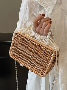 French style woven straw handbag with pearl handle and metal chain strap for summer
