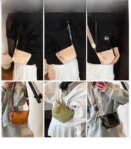 Collage of chic dumpling crossbody bags in various colors with wide straps