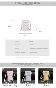 Detailed specs of striped polyester mobile phone bag with fashion label and color options