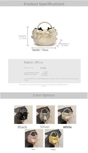 Detailed chart showing PU leather bucket bag dimensions and multiple color options