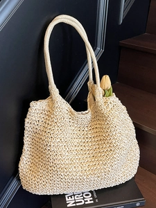 Women Summer Straw Woven Tote Bag Casual Solid Color Large Capacity Handbag Beach Vacation Shoulder Bag