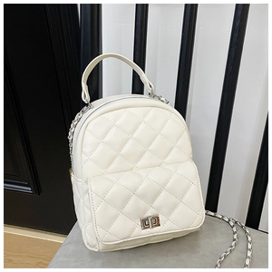 Detailed close-up of quilted white PU leather mini backpack with silver chain straps