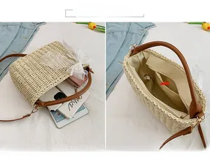 Interior view of beige straw bag showing large capacity for tablet and accessories