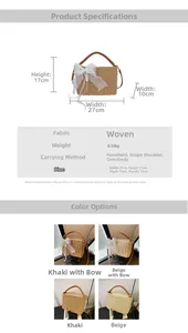 Detailed view of handmade woven straw bag with lace bow and leather handles for women