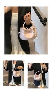 Three-way view of pink wax leather bucket bag showing handheld and crossbody styles