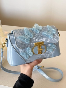 Women's Elegant PU Leather 3D Butterfly Embroidery Small Square Bag Lace Splicing Crossbody Bag Fashion Commuting Shoulder Bag