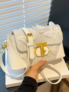 Elegant white lace shoulder bag featuring 3D butterfly embroidery and gold metal clasp