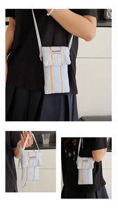 Detailed views of striped crossbody phone bag featuring blue fabric and orange stripe accent