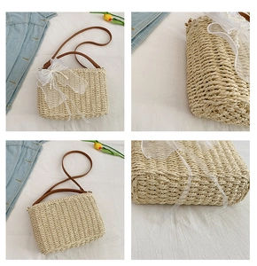 Detailed views of handmade woven straw bag with white lace bow and pearl decoration