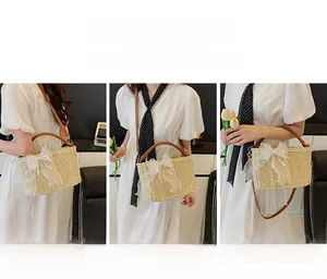 Straw handbag shown in three ways as shoulder bag, crossbody bag, and handheld tote