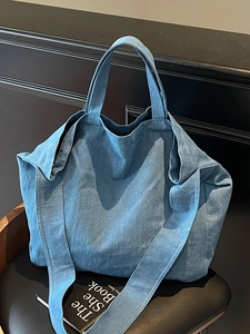 Women Large Capacity Washed Canvas Denim Tote Bag Simple Casual Shoulder Handbag For Daily Travel School Work Shopper Bag