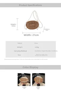 Detail specifications of straw woven handbag with pearl strap and dimensions 21x15x9cm