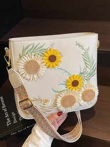 Women PU Leather Sunflower Daisy 3D Embroidered Crossbody Bucket Bag With Woven Wide Strap Ethnic Style Shoulder Bag