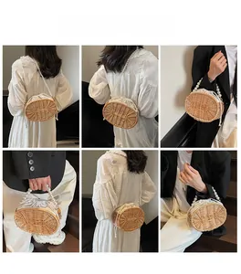 Detail showing pearl handle straw bag styled with different outfits from multiple angles