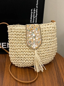 Bohemian Handmade Woven Straw Crossbody Bag For Women Ethnic Style With Colorful Beads Tassels Shell Flower Vacation Beach Shoulder Bag