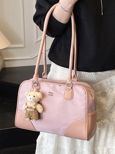 Pink retro nylon pillow bag with bear pendant and stylish leather corner patchwork design