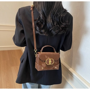 Detail of a brown vintage box bag with gold metal CD buckle and sturdy top handle
