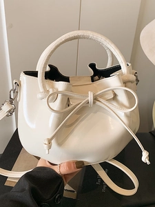 Women Korean Minimalist Oil Wax PU Leather Bucket Bag Trendy Versatile Handheld Crossbody Bag With Bow Decoration Shoulder Bag