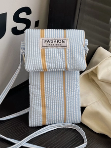 Blue and white striped crossbody phone bag with yellow accents and adjustable strap
