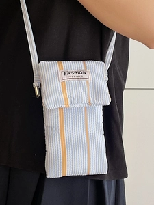 Vertical blue and white striped canvas mobile phone bag with orange stripe accents