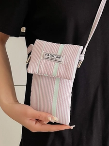 Pink and white striped canvas mobile phone crossbody bag with mint green detail and logo