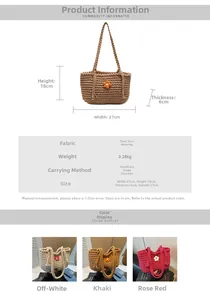 Detailed view of woven tote bag dimensions 27x18x6cm in beige, khaki and rose colors
