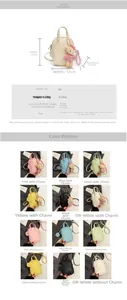 Size chart and color options for a mini PU crossbody bag featuring a cute bear pendant