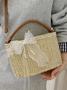 Straw handbag with lace pearl bow and leather handle for women casual beach vacation style