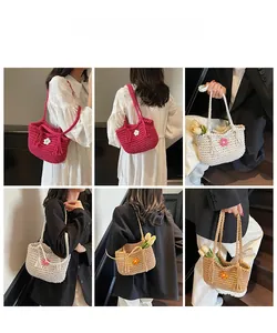 Collage of knit bucket bags in rose, cream and khaki featuring floral tassel details