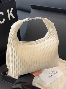 Minimalist white pleated dumpling bag with silver metal buckle and chic ruched design