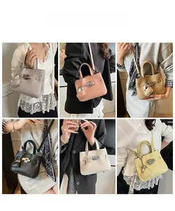Litchi pattern bucket bag in various colors shown on models with heart charm