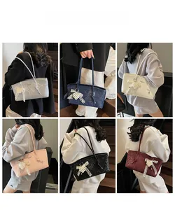 Detailed grid view of stylish tote bags in six colors with pearl and lace bow charms