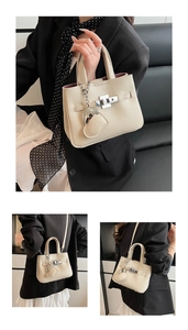 Litchi pattern leather bucket bag shown in handbag, shoulder, and crossbody styles