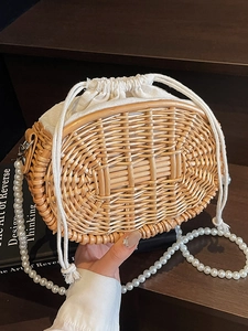 Summer Beach Straw Woven Handbag Artificial Pearl Strap Sweet Hollow Out Drawstring Liner Small Crossbody Bag For Women Vacation