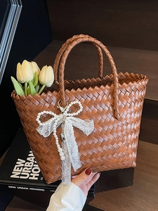 Sac Fourre-Tout Rétro en Paille Tissée pour Femme Style Pastoral Sac à Main Décoration Nœud en Dentelle Künstliche Perles Grande Capacité
