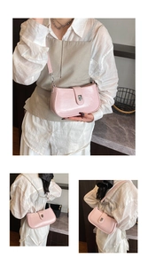 Three-way split view of a pink patent leather underarm bag showing wear and details