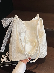 Borsa Tote da Donna in Stile Cinese Ricamata Con Farfalla 3D e Fiocco in Pizzo Borsa a Tracolla Dolce in Tessuto Floreale