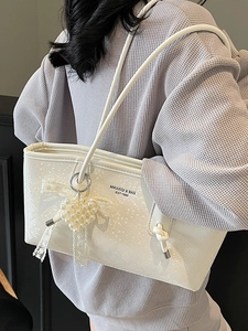 Sac fourre-tout blanc motif serpent avec pendentif cœur perle et grande capacité