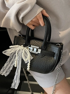 Chic black leather bucket bag with white lace bow and pearls decoration for women