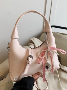 Women Fashion PU Leather Hobo Bag Minimalist Solid Color Handbag With Artificial Pearl Bowknot Heart Charm Shoulder Crossbody Bag