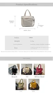 Detailed chart showing canvas tote dimensions 25x21x11cm with five color options