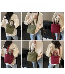 Multiple views of olive and burgundy canvas tote bags with adjustable crossbody straps